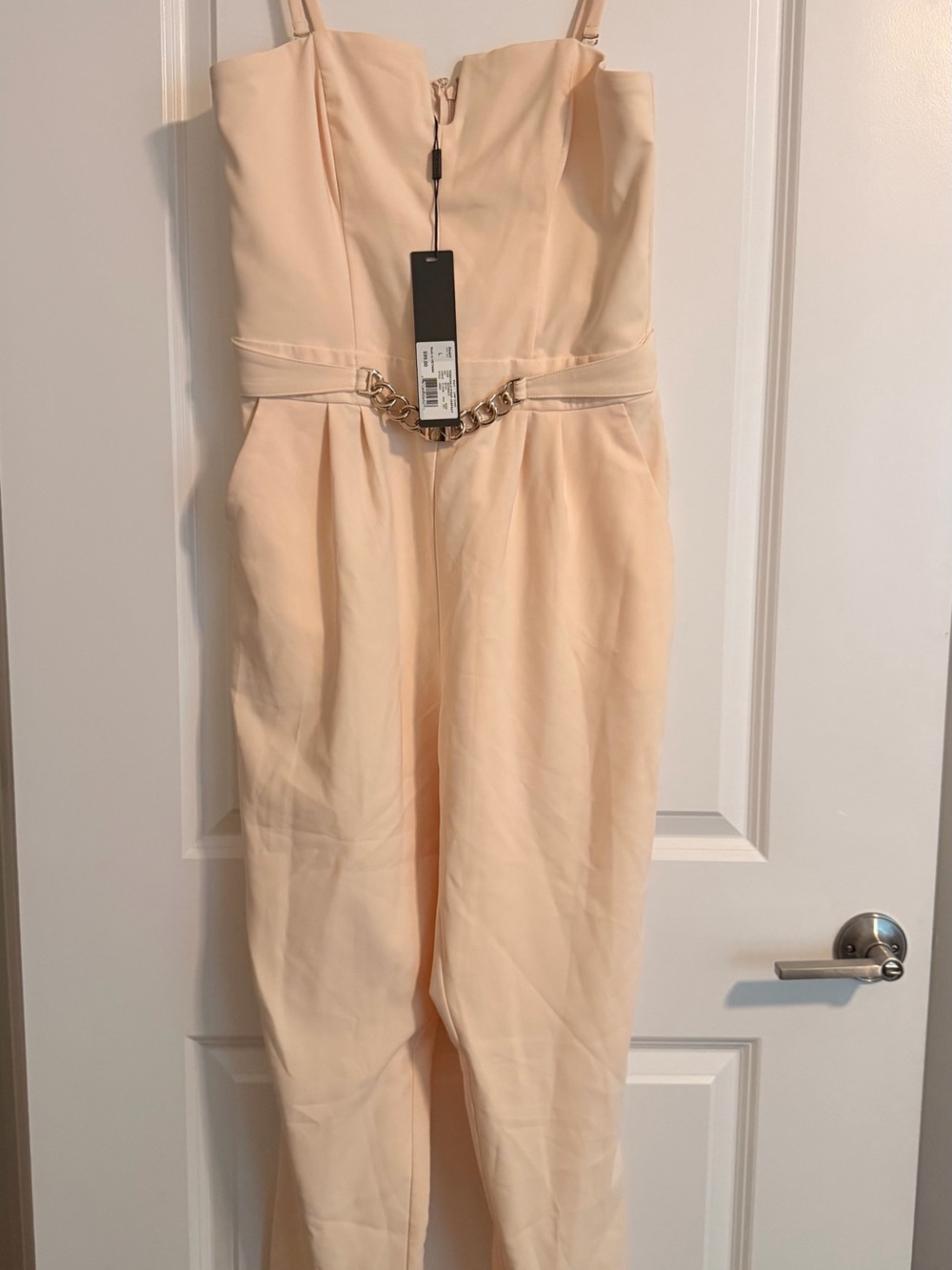 Kardashian Kollection Peach Strapless Jumpsuit with Chain Accent